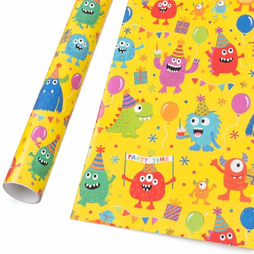 Geschenkpapier Monstern Motiv 70cm x 2m Rolle - Geschenk Papier mit Monster Party Motiv - Geschenkpapierrolle für Kindergeburtstag Geburtstag - Farbiges Packpapier Verpackungspapier - Bunt