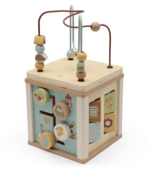 Jollein Motorikwürfel Holz - Mit Motorikschleife, Zahnrädern & Steckspiel - Baby Spielzeug - Fördert Feinmotorik & Koordination - Holzspielzeug - FSC Zertifizierts Holz - Jollies