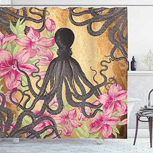 ABAKUHAUS Tintenfisch Duschvorhang, Kraken-Rosen-Blätter, Stoffliches Gewebe Badezimmerdekorationsset mit Haken, 175 x 180 cm, Pale Brown Rosa