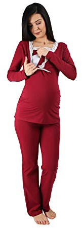 M.M.C. Still-Pyjama Set mit Spitze für Damen - Umstandspyjama Schlafanzug Nachtwäsche für Schwangerschaft und Stillzeit mit Stillfunktion, Langarm