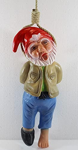 Gartenzwerg Deko Garten Figur Zwerg erhängt mit Seil umschlingt Höhe 37 cm ohne Seil aus Kunststoff