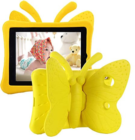 Tading iPad 9th 8th 7th Generation Case Kids Girls, Cute Butterfly Shockproof EVA Foam Super Protection Stand Cover for iPad 2021 2020 2019 10.2 and iPad Air 3 Pro 10.5 - Yellow