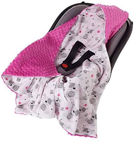 Medi Partners Einschlagdecke Baby Babyschale 100% Baumwolle für Sommer 85x85cm Kinderwagen Kuscheldecke universal Baby Decke Einschlagdecken Babydecke Buggy Autositz (Teddybär mit dunkelrosa Minky)