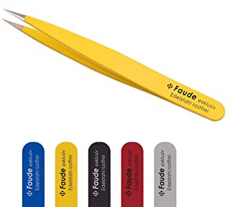 FAUDE Spitzpinzette fein und präzise für Splitter, Spreißel, Dornen und eingewachsene Haare. Edelstahl 10cm (gelb)