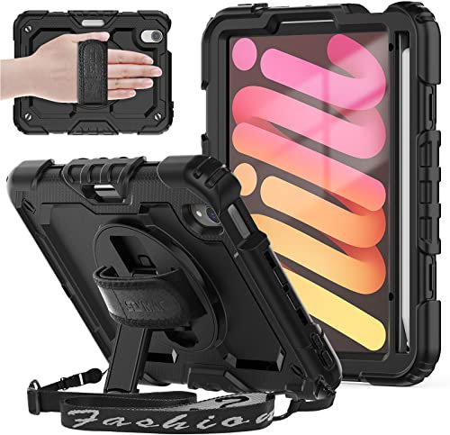 SEYMAC Case for iPad Mini 7th/6th 8.3 inch 2024/2021 A17 pro, Shockproof Full Body Protective Case with Screen Protector, Hand Strap/Stand, Adjustable Shoulder Strap, Pencil Holder, Black