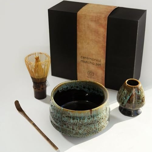 Teapro Japanese Matcha Set: Purple Bamboo Matcha Whisk & Scoop, Artisan Ceramic Matcha Bowl & Whisk Holder in Blue, Matcha Starter Kit | Traditional Matcha Gift Set