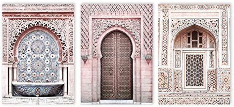 BDHcdfAJGf Rose Maroc Porte Architecture Murale Art Toile tableau Peinture Religion Musulmane Art Imprimer Islamique Affiche Arabe Tableaux Salon Decoration 40x60cmx3 Sans Cadre