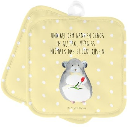 Mr. & Mrs. Panda 2er Set Topflappen Chinchilla Blume - Geschenk, Topflappen mit Spruch, Tiere, Gute Laune, Tiermotive, Topflappen Set, Büro, traurig