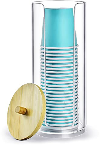 EOFJRUC Bathroom Cup Dispenser with lid, Disposable Small Paper Cup Holder Fit for 3-4 Oz Cups, Clear Makeup Cotton Round Pads Holder Organizer for Mouthwash Cups Storage