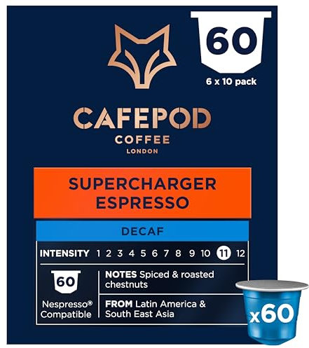 CafePod Espresso Decaf Coffee Pods - Compatible with Nespresso Coffee Machine, Intensity 12 with Rich Caramelised Chestnut Notes - Rainforest Alliance Sourced - Decaf Supercharger Espresso 60 Capsules