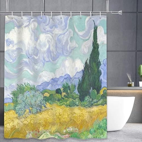 3BMT Duschvorhang waschbar mit Ringen - Design - Weizenfeld mit Zypressen von Van Gogh - Duschvorhang Anti Schimmel - 100% Polyester - 180 x 200 cm
