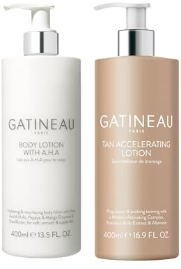 GATINEAU Tan Accelerating & AHA Body Lotion Duo - 400ml x2, Preps, Hydrates and Smoothes Skin, Boosts and Prolongs Natural Glow, Perfect For Holidays, Shea Butter + Melanin Activating Peptide