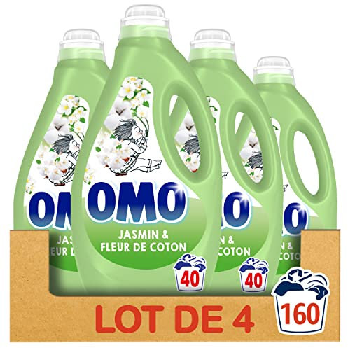 Omo Lessive liquide Jasmin et fleurs de coton - 160 lavages - parfum longue durée aux essences naturelles - peaux sensibles (lot promo de 4x40)