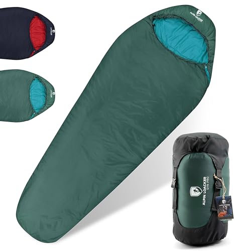 Alpin Loacker Ultraleicht Schlafsack kleines Packmaß I 3 Jahreszeiten Schlafsack leicht I Outdoor Schlafsack kompakt zum Camping oder als Reise Schlafsack I 100% Recycelt, Grün rechts Zip