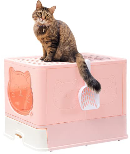 Katzenklo mit Deckel und Aktivkohlefilter, Hop in Katzenklo XXL mit, Katzentoilette geschlossen, geruchsfrei, Katzen Klo, Katzenklo mit Schublade, hohem Rand,inklusive Schaufel(Rosa)
