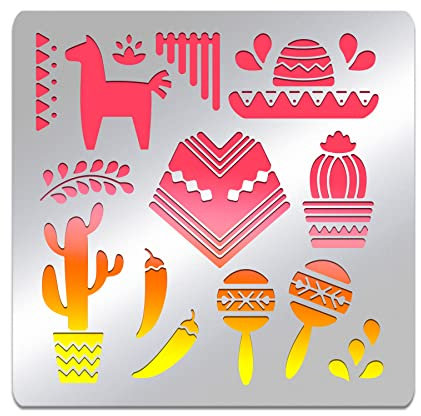 BENECREAT Mexikanische Elemente Metallschablone, Quadratische Edelstahl-Kleidungshüte-Kaktus-Schablonenschablone Für Scrapbooking-Gravur, Brandmalerei, Tagebuch, 156x156 mm