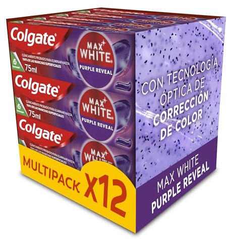 Colgate Max White Purple Reveal Pasta de Dientes Blanqueadora, 12 Uds x 75ml, Dentífrico Blanqueador de Dientes con Tecnología de Corrección Óptica del Color, Corrige al instante* los Tonos Amarillos