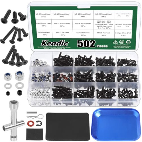 Keadic 502Pcs Universal RC Screw Assortment Set, M3 M4 Hex Screws, Lock Nuts Body Clips and Cotter Pins, Repair Tool Kit for 1/8 1/10 1/12 Scale RC Cars Truck Crawler Accessories DIY Parts