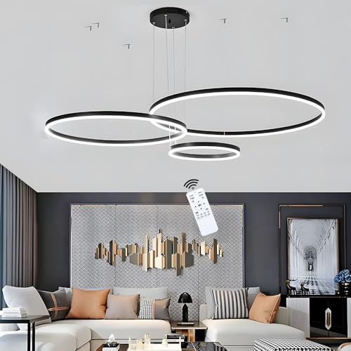 LED Pendelleuchte 3 Ringe Schwarz dimmbar Höhenverstellbar, 20/40/60cm 75W | Wohnzimmerlampe hängend 3 Ringe, Aufhängeseil 120 cm, Farbtemperatur einstellbar mit Fernbedienung und Speicherfunktion