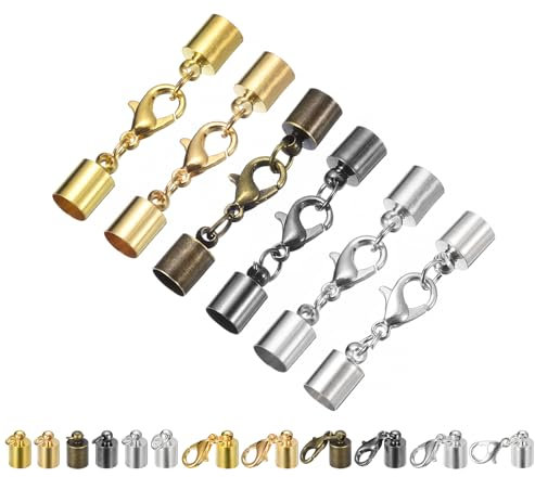 sourcing map 30Sets 6mm Leather Cord End Caps with Lobster Claw Clasps, Barrel Terminators for DIY Making Leather Bracelets, 6 Colors in 1Set
