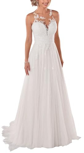 JAEDEN Brautkleider Grosse Grössen Spitze Tüll Brautkleid Prinzessin Standesamtkleider A Linie Hochzeitskleider für Damen Ärmellos Weiß 36
