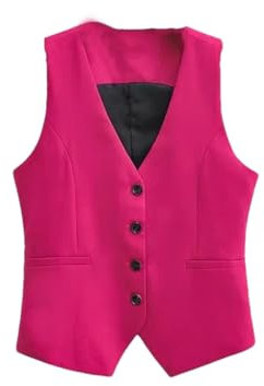 Chaleco de traje de mujer con cuello en V de un solo botonadura rosa rojo chaleco delgado corto asimétrico delgado sin mangas chaleco, fucsia, M