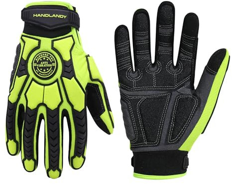 HANDLANDY Anti Vibration Gloves Men Impact Resistant Work Gloves, Padded Palm Grip Heavy Duty Working Gloves (Hi-vis Green, XL)