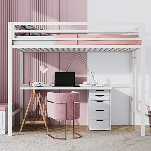 SHA CERLIN Loft Bed Twin Size with Ladder and Guardrail,White