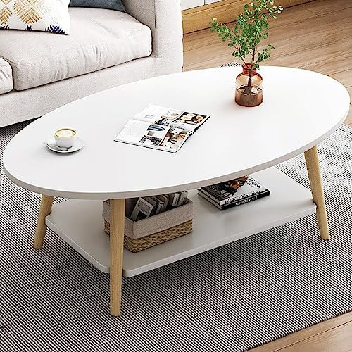 Anmas Power Doppelschicht Couchtisch, Weiß Beistelltische Holz,Wohnzimmertisch Oval,Tischbeine aus Kiefernholz,Sofatische (80 * 40 * 40)