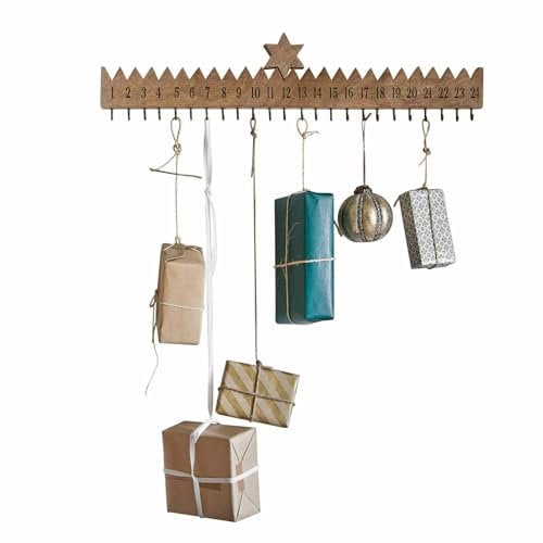 Loberon Adventskalender Lalie, mit 24 Metallhaken, Holzstern zeigt den Tag an, Weihnachten, Weihnachts-Accessoire, Adventszubehör, Mangoholz, Eisen, braun