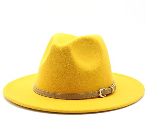 HEKARBAMILL Filzhüte für Frauen Männer Filz Cowboyhut mit Ledergürtel breiter Krempe Western Hut Klassische und modische Jazzhüte Accessoires Gelb gelb