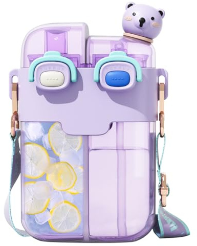 Cute Water Bottle for Kids: 26oz Kawaii Water Bottle for Girls, Funny Bear Water Bottles with Straw and Strap, Dual Compartments Leak-Proof Plastic Drinking Cup for School Sport Travel (Purple)