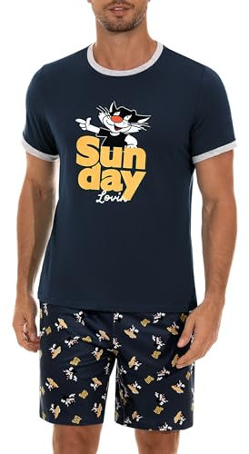 Demegimi Schlafanzug Herren Kurz Lustig Kurzer Pyjama Set Baumwolle Shorty Nachtwäsche mit Katze T-Shirt und Schlafanzughose für Männer