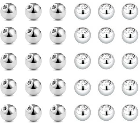 Piercing Kugeln 30 Stück Piercing Kugel 3mm Piercing Kugeln Ersatzkugeln Schraubkugeln für Gewinde 1,2mm Chirurgenstahl Ersatzkugel für Piercing Nase Lippe Augenbrauen Bauchnabel Zunge (Silber)