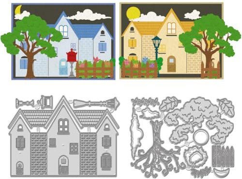 WADORN Manor House Stanzformen Aus Metall, Hausbau Landschaft Stanzschablonen Blumenbüschen Und Bäumen Prägeschablone Aus Karbonstahl Schneidevorlage Für DIY Scrapbooking Karten