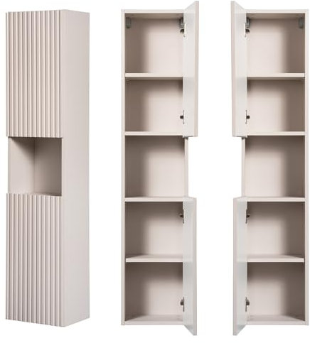Lomadox Badezimmer Hochschrank Kaschmir beige gerillte Front Seitenschrank Badschrank 2-türig Regal B/H/T ca. 30/140/30 cm