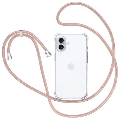 XTCASE Coque pour iPhone 16 avec Cordon, Etui avec Collier - Tour de Cou Lanière en Corde - Transparente Silicone Housse avec Cordage Lanyard Case, Or Rose