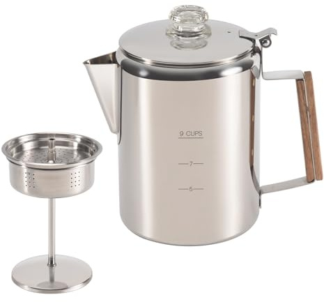 Qeunrtiy Kaffee-Perkolatoren, Kochfeld für Camping, Perkolator-Kaffeekanne, Edelstahl-Kaffeemaschine für Camping, Zuhause, 9 Tassen