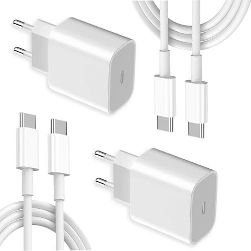 2-Pack Caricatore USB C, Alimentatore USB‑C da 20W con 2M Cavo Type C per iPhone 16/16 Pro/16 Pro Max/16 Plus/15/15 Pro/15 Pro Max/15 Plus/iPad Pro/Watch, Caricabatterie Rapido Spinotto Spina USBC