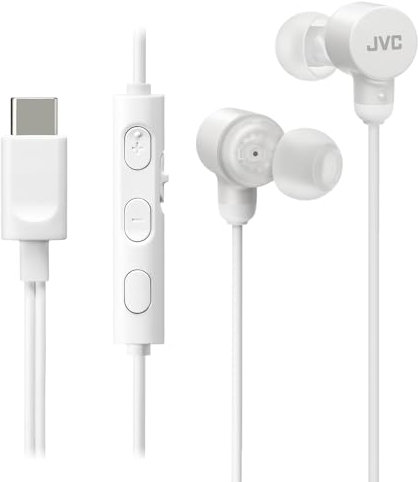 JVC HA-FR29UC-W in White USB Type C Lightweight Comfortable Wired Headphones, Hi-Res Audio, Microphone & Volume Control, IPX2 Rated, D/A Converter Minimises Noise & Sound Degradation