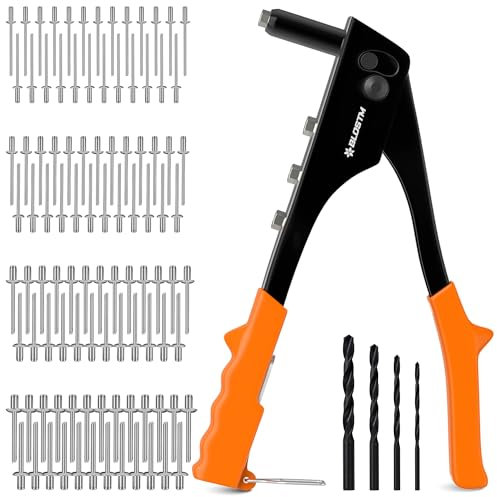 BLOSTM Lot de 100 rivets pop en 4 tailles (2,4 mm, 3,2 mm, 4 mm, 4,8 mm), riveteuse pop avec 4 buses de rivets – pour métal, plastique, réparation automobile (orange)