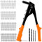 BLOSTM Pop Rivet Gun Kit - 100 PCS Pop Rivets in 4 Sizes (2.4mm 3.2mm 4mm 4.8mm) Pop Riveter Gun, 4 Rivet Nosepieces, 4 Drill Bits - Hand Riveter for Metal, Plastic, Auto Repairs, Furniture (Orange)
