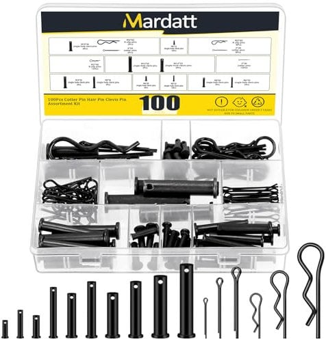 Mardatt 100 Stück Kohlenstoffstahl Clevis Pin Splint R Pin Sortiment Kit, enthalten 10 Größen M5 M6 M8 M10 M12 Flachkopf Single Hole Clevis Pins und M2 M3 M4 Split Splinte / R Clips