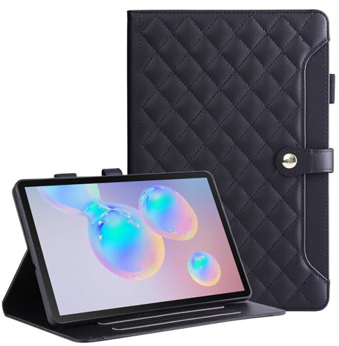 Rosbtib Funda para Samsung Galaxy Tab S6 10.5 Pulgadas 2019 Modelo SM-T860/T865, Funda de Piel PU Bordada a Cuadros con Correa de Mano, Soporte y Cierre magnético para Galaxy Tab S6 2019 - Negro