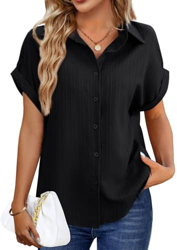 Tanmolo Bluse Damen Sommer Shirt Kurzarm Oberteile V-Ausschnitt Sommerbluse Lässiges Hemd zum Knöpfen Tops Elegantes Damenblusen Schwarz, L