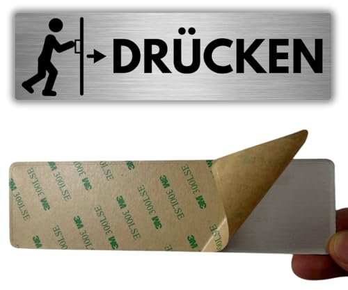 LEIASA | Selbstklebendes Aluminium Schild Tür Drücken - 5x18 cm - 0,8 mm Dicke - 3M-Klebeschild zum Öffnen
