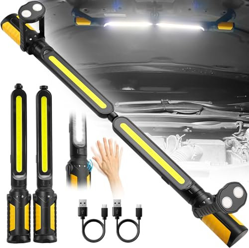 SYLSAR Work Light Rechargeable Led with Sensor Control, 4400mAh 2400 Lumen Inspection Light Underhood Magnetic Workshop Lights Battery Powered with Hook&Magnetic Base for Car Repairing,Garage Workshop