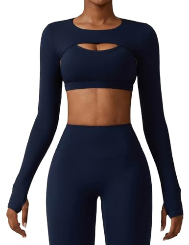 Damen Bluse Frauen Langarm Workout Shrugs Crop Tops mit Daumenlöchern Rundhalsausschnitt Cover Up Top Atmungsaktiv Weiches Cropped Shirt für Yoga Workout Gym Laufen