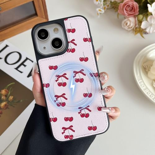 ZCDAYE Case for iPhone 13/14 Compatible with Magsafe, Leather Cute Printed Phone Case Aesthetic Pattern for Women Girls, Durable Bumper Shockproof Phone Cover for iPhone 13 iPhone 14,Cherry Bow