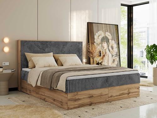 MKS MEBLE Boxspringbett 180x200 mit Bettkasten Holz Holzrahmen, Boxbett mit Matratze H3 und Kopfteil - Grau Cord - Wood Classic mit Topper T25